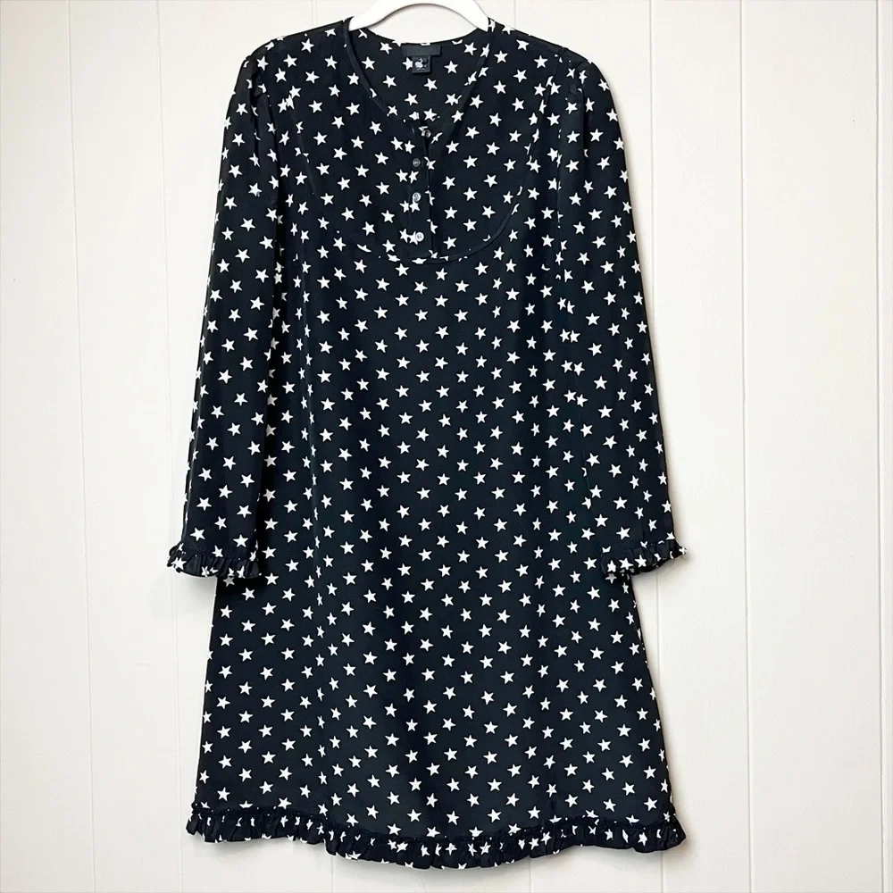 J. Crew 100% silk star print dress 4 S black white‎ neutral long sleeve shift